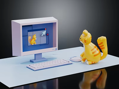 Computer Monitor Displaying Cat Image With Toy Cat Keyboard And Mouse On Desk 3d model