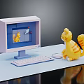 Computer Monitor Displaying Cat Image With Toy Cat Keyboard And Mouse On Desk