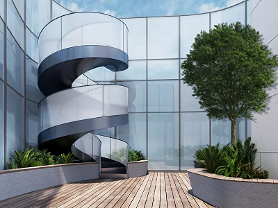 Modern Spiral Staircase In Bright Interior With Glass Walls Greenery And Wooden Flooring 3d model