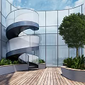 Modern Spiral Staircase In Bright Interior With Glass Walls Greenery And Wooden Flooring