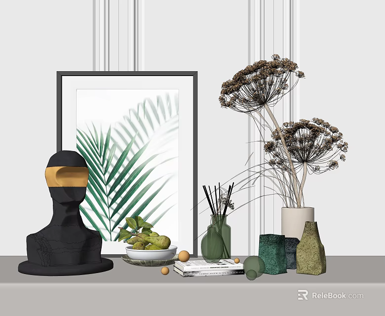 Modern Ornamental Decor Set With Sculpture Palm Leaf Art Dried Flowers Vases And Fruit Bowl 3d model 