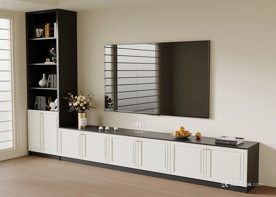 Modern White Black TV Stand with Cabinet Doors Decorative Vase Fruits and Wine Glasses 3d model 
