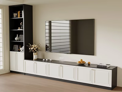 Modern White Black TV Stand with Cabinet Doors Decorative Vase Fruits and Wine Glasses 3d model