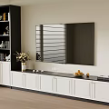 Modern White Black TV Stand with Cabinet Doors Decorative Vase Fruits and Wine Glasses