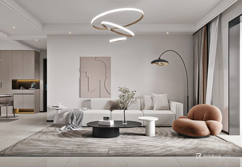 Modern Living Dining Room With White Sofa Beige Carpet Circular Pendant Light And Floor Lamp 3d model 