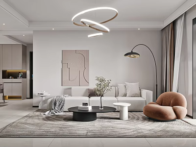 Modern Living Dining Room With White Sofa Beige Carpet Circular Pendant Light And Floor Lamp 3d model