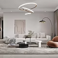 Modern Living Dining Room With White Sofa Beige Carpet Circular Pendant Light And Floor Lamp