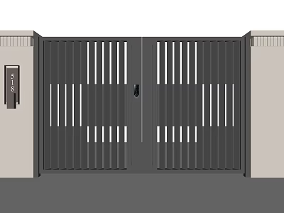 Modern Double Entrance Gate Design With Vertical Slats And Side Pillars 3d model