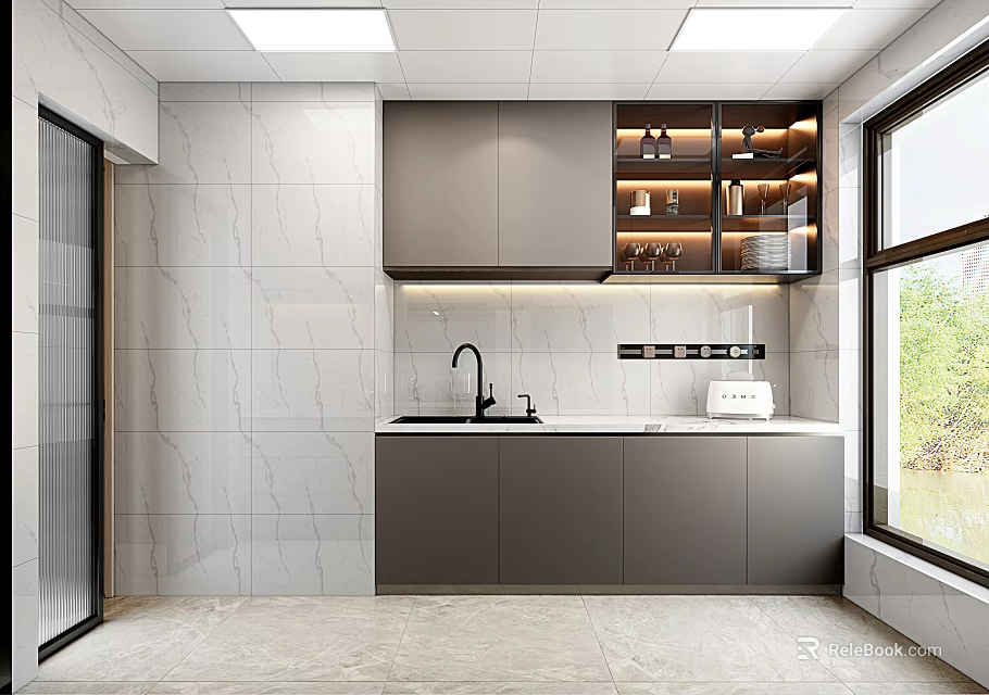 Modern Kitchen Interior With Gray Cabinets Marble Walls Open Shelves Sink And Window 3d model 