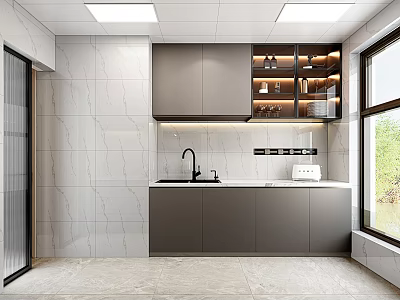 Modern Kitchen Interior With Gray Cabinets Marble Walls Open Shelves Sink And Window 3d model