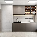 Modern Kitchen Interior With Gray Cabinets Marble Walls Open Shelves Sink And Window
