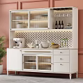 Elegant White Sideboard Cabinet With Shelves Drawers Tableware Decor Plant Coffee Machine Pink Wall
