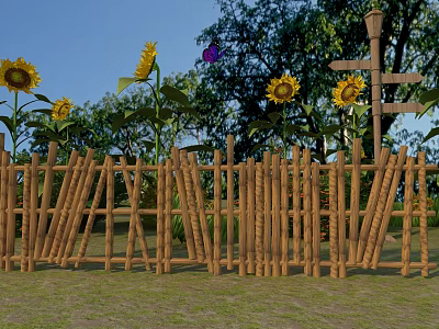 Wooden Garden Fence With Sunflowers Butterfly And Trees In Background 3d model
