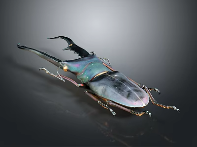 3D Rendered Horned Beetle with Large Curved Horns and Metallic Shell on Dark Background 3d model