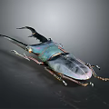 3D Rendered Horned Beetle with Large Curved Horns and Metallic Shell on Dark Background