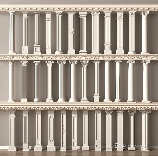 Decorative White Classical Columns Featuring Intricate Capitals Arranged In Multiple Rows 3d model