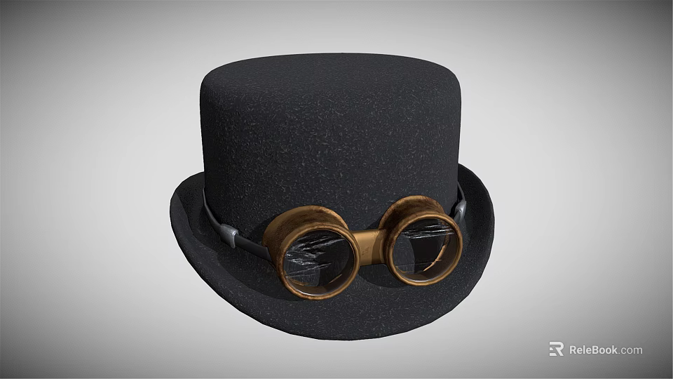 Vintage Black Wool Top Hat With Brass Frame Goggles And Steampunk Style 3d model 