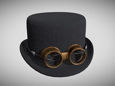 Vintage Black Wool Top Hat With Brass Frame Goggles And Steampunk Style 3d model