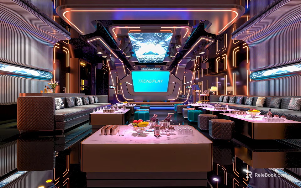 Modern KTV Interior Design With Colorful Lighting Sofas Tables And Large Screen 3d model 
