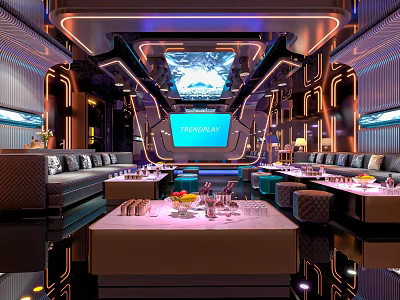 Modern KTV Interior Design With Colorful Lighting Sofas Tables And Large Screen 3d model