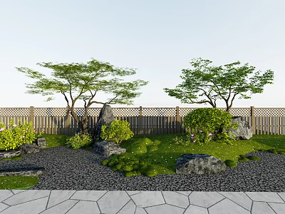 Serene Courtyard Garden With Wooden Lattice Fence Green Trees Lush Grass And Decorative Rocks 3d model