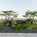 Serene Courtyard Garden With Wooden Lattice Fence Green Trees Lush Grass And Decorative Rocks