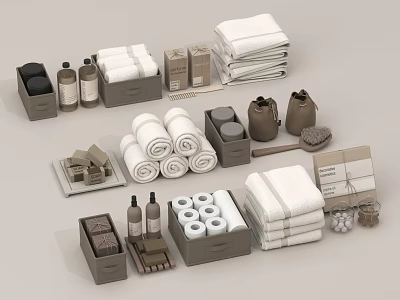 Soft White Rolled And Folded Towels With Storage Boxes Bottles Brushes And Toilet Paper 3d model