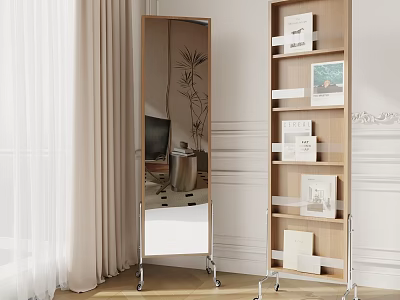 Light Wood Bookshelf With Wheels Holding Books Decorative Paintings Next To Full Length Mirror 3d model