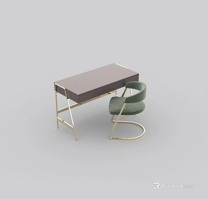 Modern Desk With Dark Tabletop And Golden Legs Paired With Green Chair With Double Backrest 3d model 