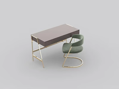 Modern Desk With Dark Tabletop And Golden Legs Paired With Green Chair With Double Backrest 3d model