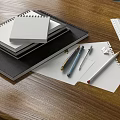 Organized Wooden Table With Notebooks Papers Pens And Ruler 3d model