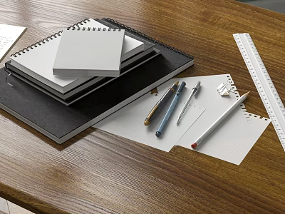 Organized Wooden Table With Notebooks Papers Pens And Ruler 3d model