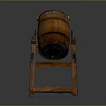 Vintage Wooden Barrel With Metal Hoops On Sturdy Wooden Stand For Household Storage