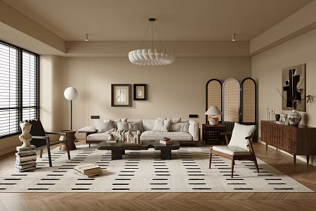 Home Living Room Fabric Sofa Coffee Table Combination Solid Wood Coffee Table Storage Cabinet Carpet Leisure Sofa Chair Decorative Painting Chandelier Floor Lamp 3d model