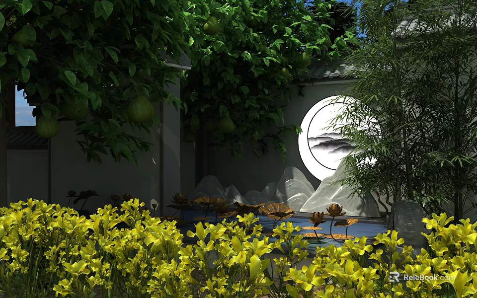 Elegant Garden Ornament with Green Foliage Circular White Decor Yellow Blooms and Stone Features 3d model 