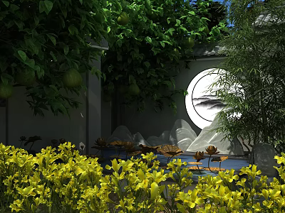 Elegant Garden Ornament with Green Foliage Circular White Decor Yellow Blooms and Stone Features 3d model