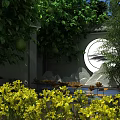Elegant Garden Ornament with Green Foliage Circular White Decor Yellow Blooms and Stone Features
