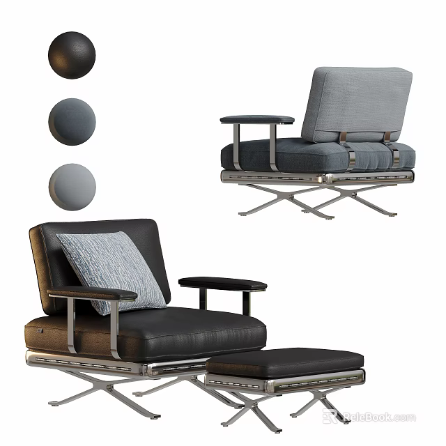 Modern Leisure Chairs with Black Leather and Gray Fabric Metal Frame Armrests and Ottoman 3d model 