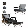 Modern Leisure Chairs with Black Leather and Gray Fabric Metal Frame Armrests and Ottoman