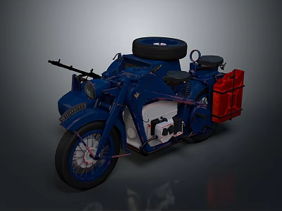 Vintage Blue Motorcycle With Sidecar Spare Tire And Red Storage Box 3d model
