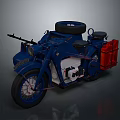 Vintage Blue Motorcycle With Sidecar Spare Tire And Red Storage Box