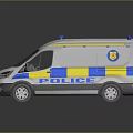 White Police Van With Blue Yellow Stripes And Emergency Lights