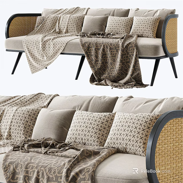 Comfortable Sectional Sofa With Wicker Accents Soft Pillows And Cozy Blankets 3d model 