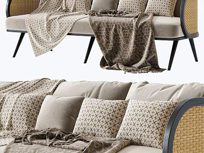 Comfortable Sectional Sofa With Wicker Accents Soft Pillows And Cozy Blankets 3d model