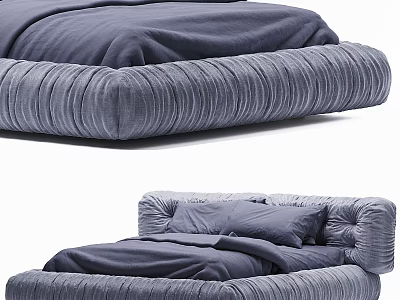 Gray Velvet Double Bed With Pleated Design And Soft Bedding Set 3d model