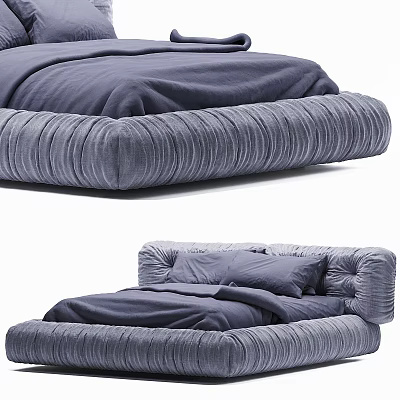 Gray Velvet Double Bed With Pleated Design And Soft Bedding Set 3d model