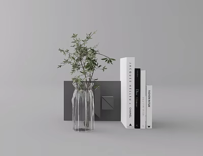 Elegant Decorative Ornament Set With Clear Glass Vase Green Foliage And Books 3d model