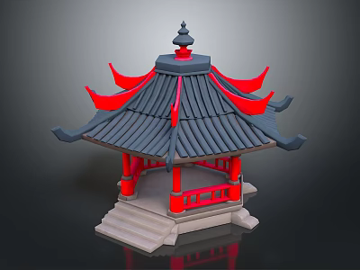 Traditional Chinese Style Pavilion Architecture With Red Eaves Gray Tiled Roof And Stone Steps 3d model