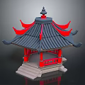 Traditional Chinese Style Pavilion Architecture With Red Eaves Gray Tiled Roof And Stone Steps