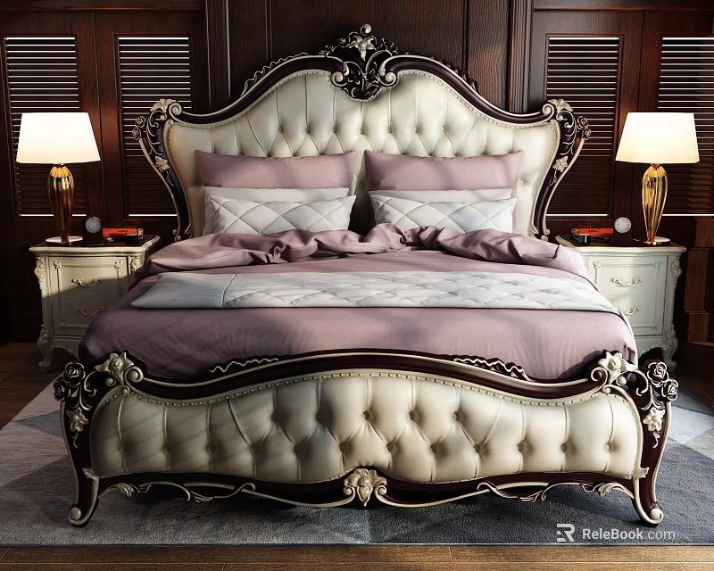 Classic European Double Bed with Ornate Carved Headboard Upholstered Design and Nightstands with Lamps 3d model 